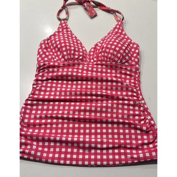 Tommy Bahama Halter Reversible Tankini Coral Summer Floral Gingham Swim Top - Picture 3 of 10